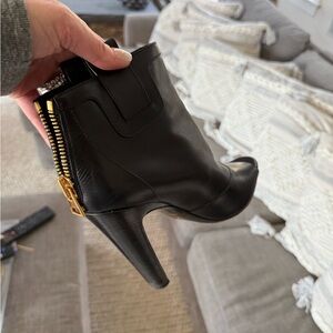 Tom Ford Black Leather peep toe Ankle Boot with Gold Back Zip